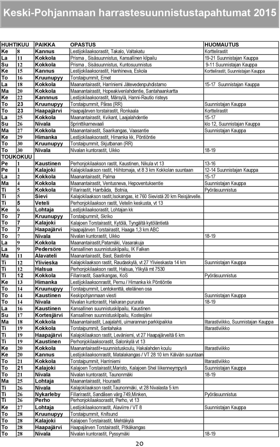 Lestijokilaaksorastit, Hanhineva, Eskola Korttelirastit, Suunnistajan Kauppa To 16 Kruunupyy Torstaipummit, Emet La 18 Kokkola Maanantairastit, Harriniemi Jätevedenpuhdistamo 15-17 Suunnistajan