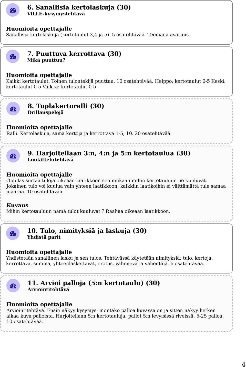 20 osatehtävää. 9. Harjoitellaan 3:n, 4:n ja 5:n kertotaulua (30) Luokittelutehtävä Oppilas siirtää tuloja oikeaan laatikkoon sen mukaan mihin kertotauluun ne kuuluvat.