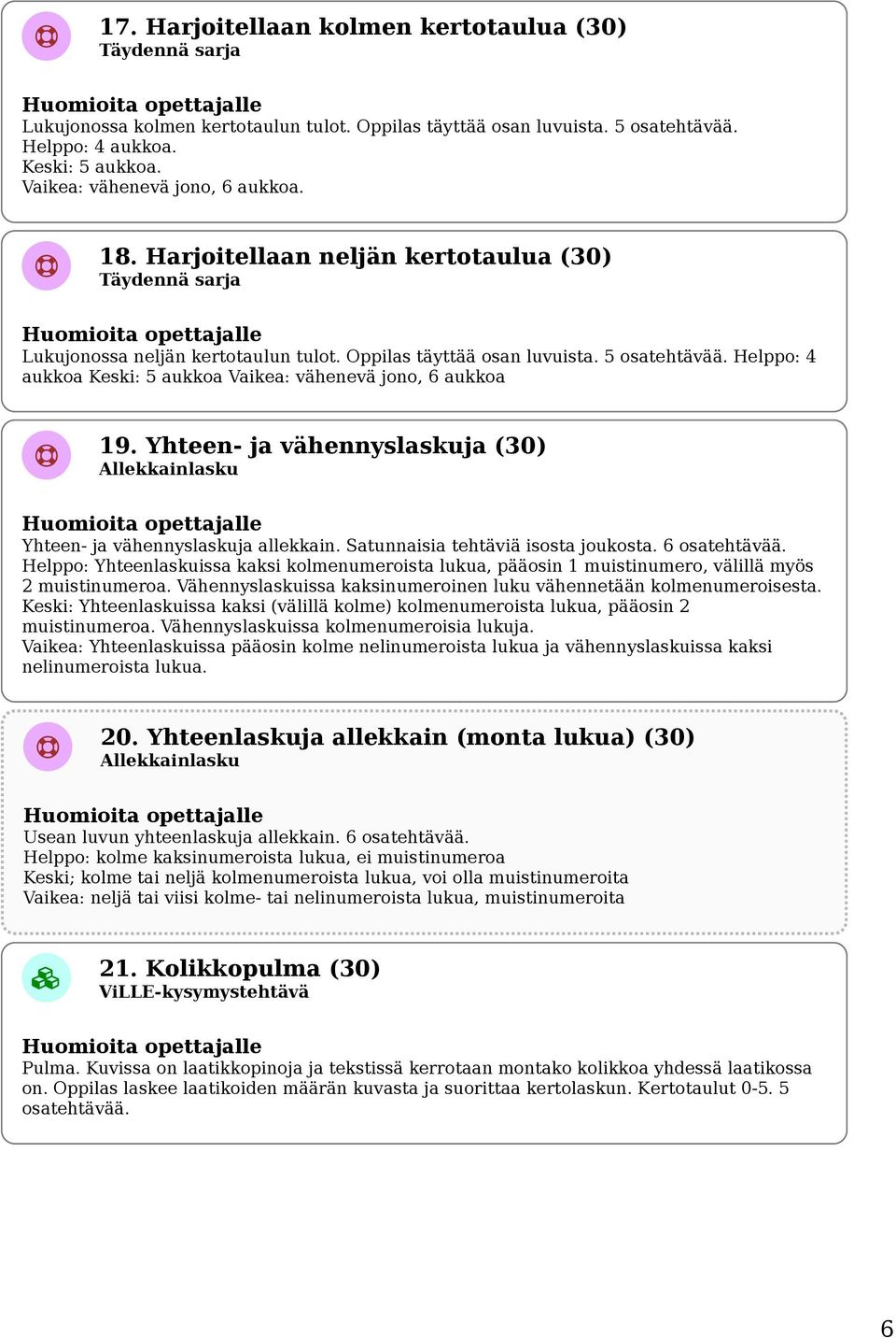 Helppo: 4 aukkoa Keski: 5 aukkoa Vaikea: vähenevä jono, 6 aukkoa 19. Yhteen- ja vähennyslaskuja (30) Allekkainlasku Yhteen- ja vähennyslaskuja allekkain. Satunnaisia tehtäviä isosta joukosta.