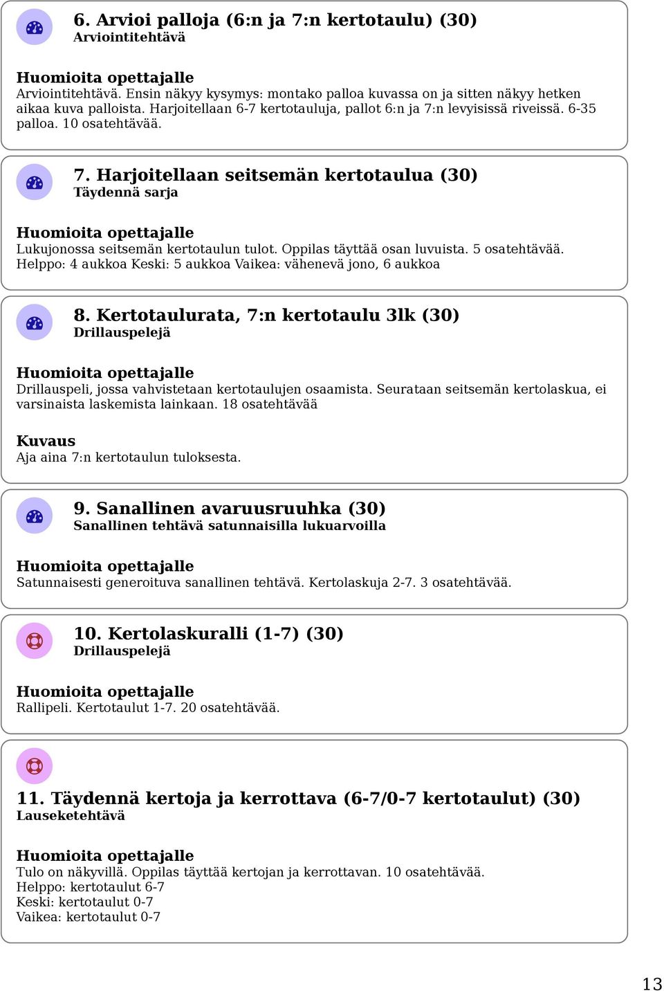 Oppilas täyttää osan luvuista. 5 osatehtävää. Helppo: 4 aukkoa Keski: 5 aukkoa Vaikea: vähenevä jono, 6 aukkoa 8.