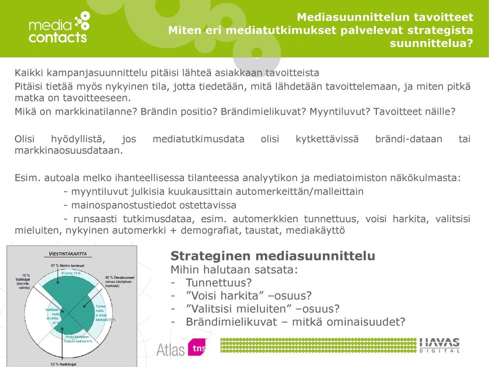 Mikä on markkinatilanne? Brändin positio? Brändimielikuvat? Myyntiluvut? Tavoitteet näille? Olisi hyödyllistä, jos mediatutkimusdata olisi kytkettävissä brändi-dataan tai markkinaosuusdataan. Esim.