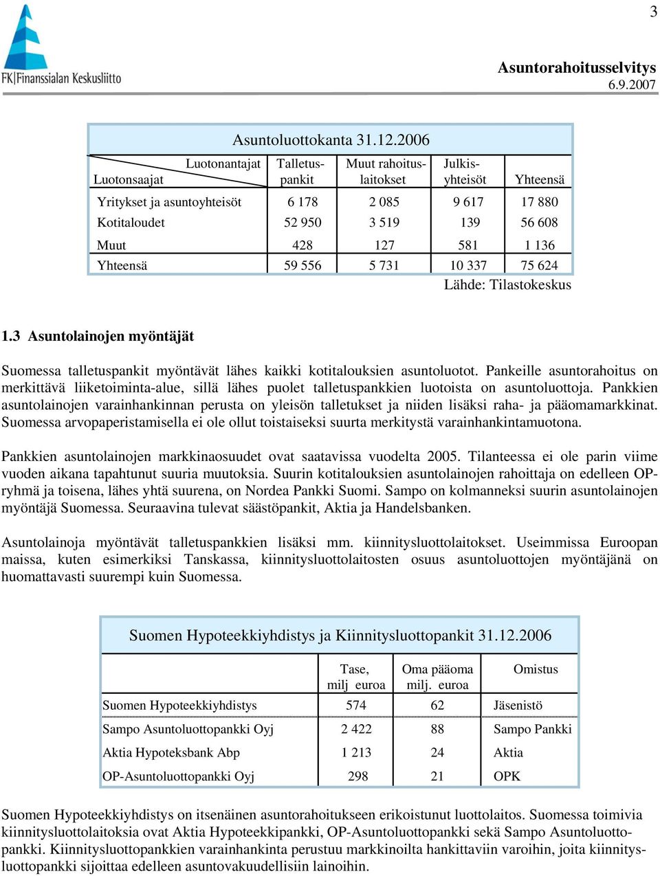581 1 136 Yhteensä 59 556 5 731 1 337 75 624 Lähde: Tilastokeskus 1.3 Asuntolainojen myöntäjät Suomessa talletuspankit myöntävät lähes kaikki kotitalouksien asuntoluotot.
