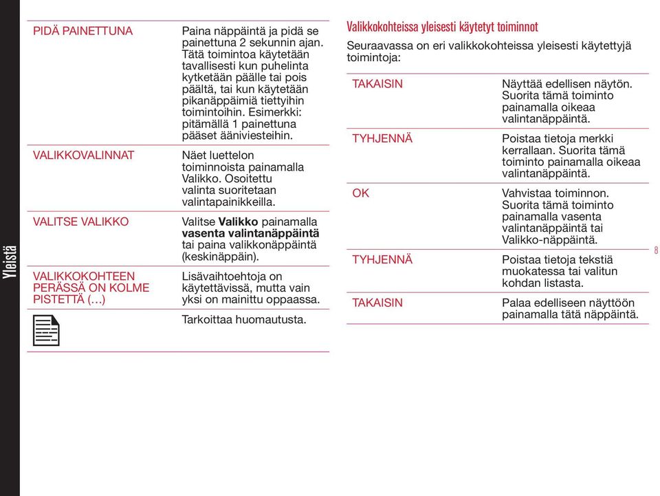 Näet luettelon toiminnoista painamalla Valikko. Osoitettu valinta suoritetaan valintapainikkeilla. Valitse Valikko painamalla vasenta valintanäppäintä tai paina valikkonäppäintä (keskinäppäin).