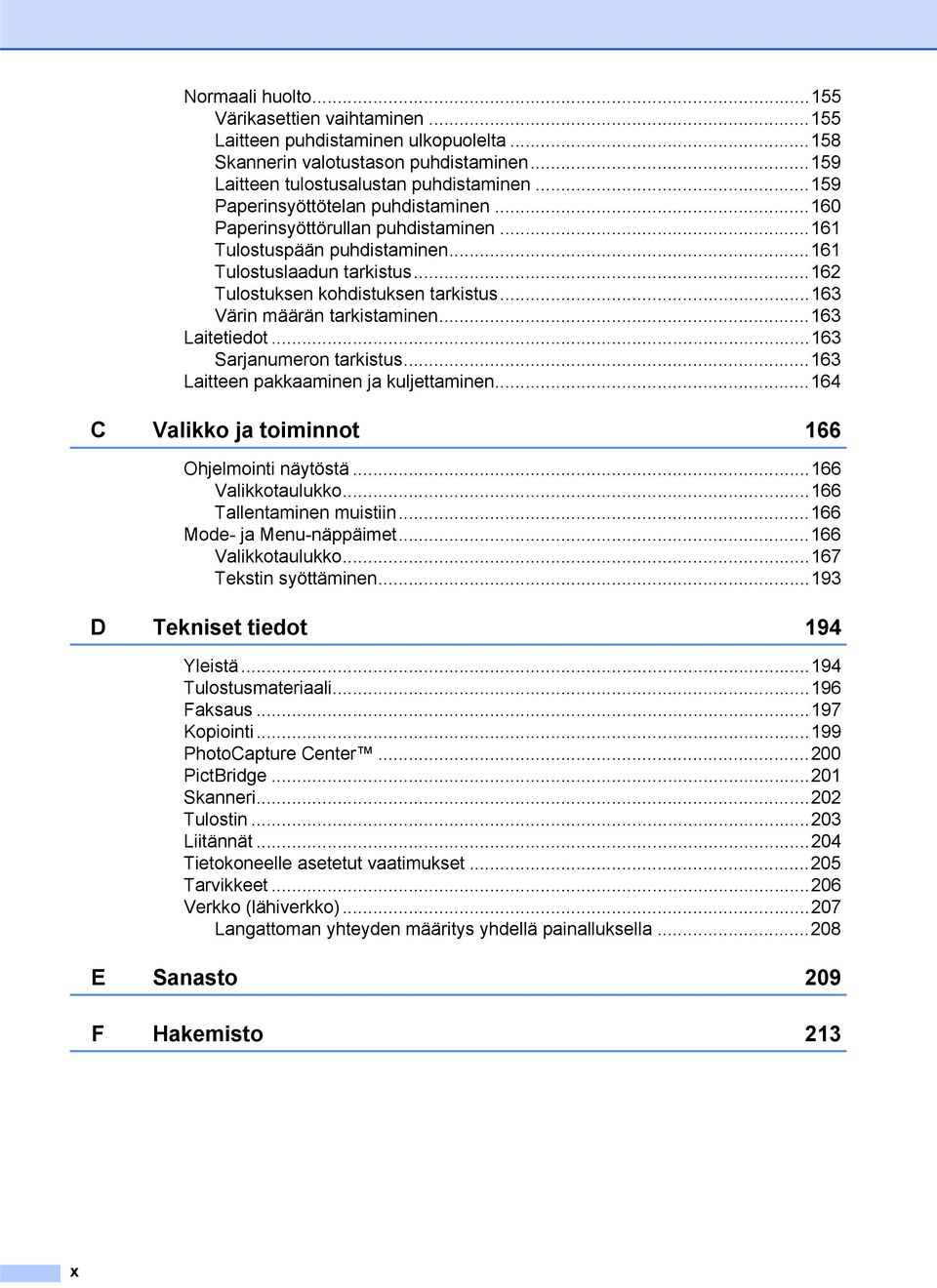 ..163 Värin määrän tarkistaminen...163 Laitetiedot...163 Sarjanumeron tarkistus...163 Laitteen pakkaaminen ja kuljettaminen...164 C Valikko ja toiminnot 166 Ohjelmointi näytöstä...166 Valikkotaulukko.