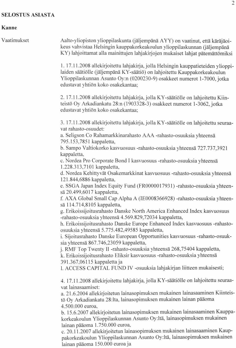 2008 allekirjoitettu lahjakirja, jolla Helsingin kauppatieteiden ylioppilaiden säätiölle (jäljempänä KY-säätiö) on lahjoitettu Kauppakorkeakoulun Ylioppilaskunnan Asunto Oy:n (0200230-9) osakkeet