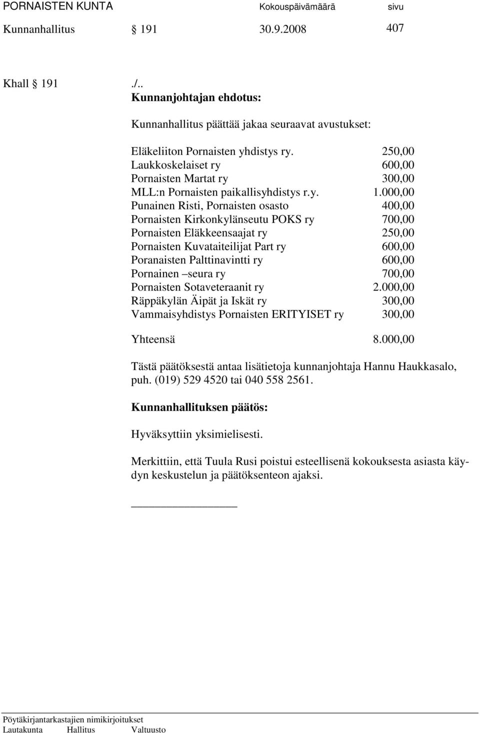 000,00 Punainen Risti, Pornaisten osasto 400,00 Pornaisten Kirkonkylänseutu POKS ry 700,00 Pornaisten Eläkkeensaajat ry 250,00 Pornaisten Kuvataiteilijat Part ry 600,00 Poranaisten Palttinavintti ry