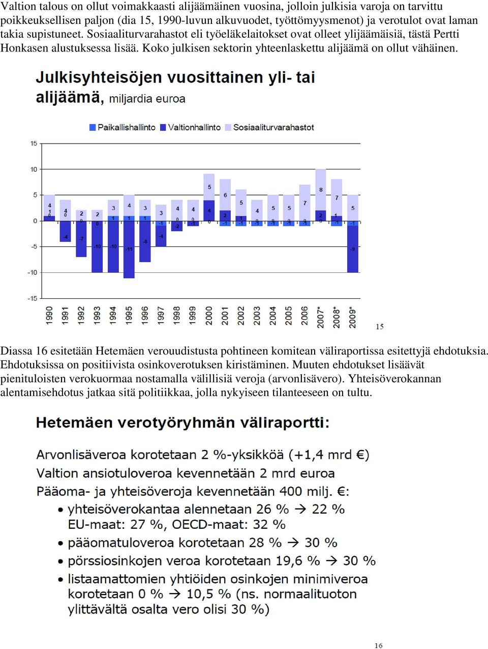 Koko julkisen sektorin yhteenlaskettu alijäämä on ollut vähäinen. Diassa 16 esitetään Hetemäen verouudistusta pohtineen komitean väliraportissa esitettyjä ehdotuksia.