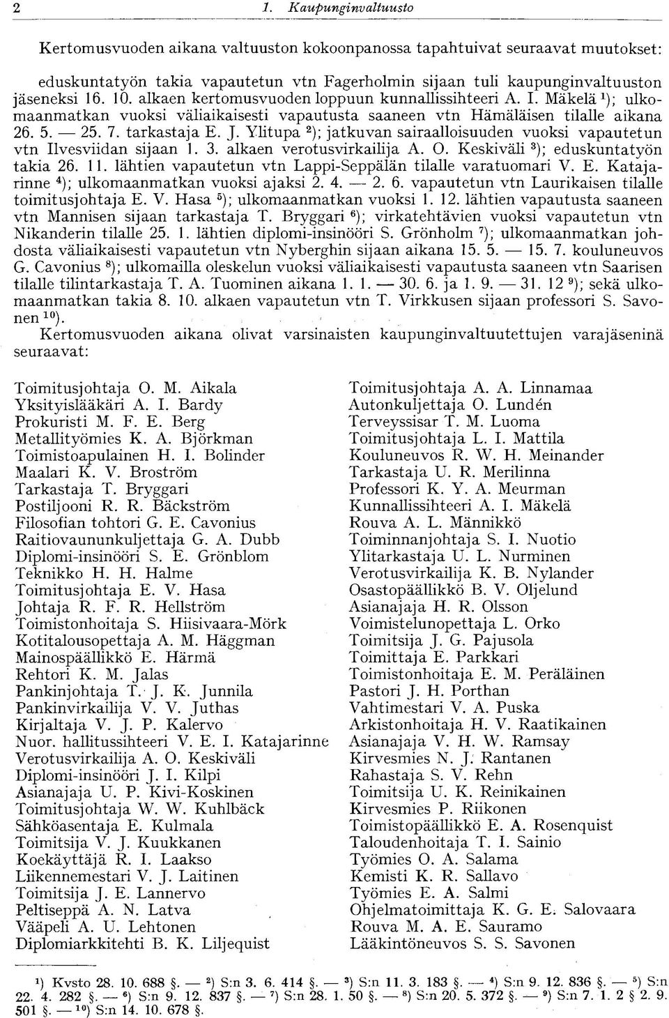 Ylitupa 2 ); jatkuvan sairaalloisuuden vuoksi vapautetun vtn Ilvesviidan sijaan 1. 3. alkaen verotusvirkailija A. O. Keskiväli 3 ); eduskuntatyön takia 26. 11.