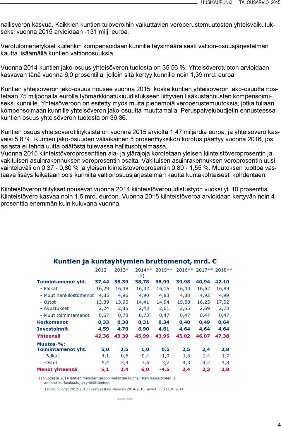 Vuonna 2014 kuntien jako-osuus yhteisöveron tuotosta on 35,56 %. Yhteisöverotuoton arvioidaan kasvavan tänä vuonna 6,0 prosentilla, jolloin sitä kertyy kunnille noin 1,39 mrd. euroa.