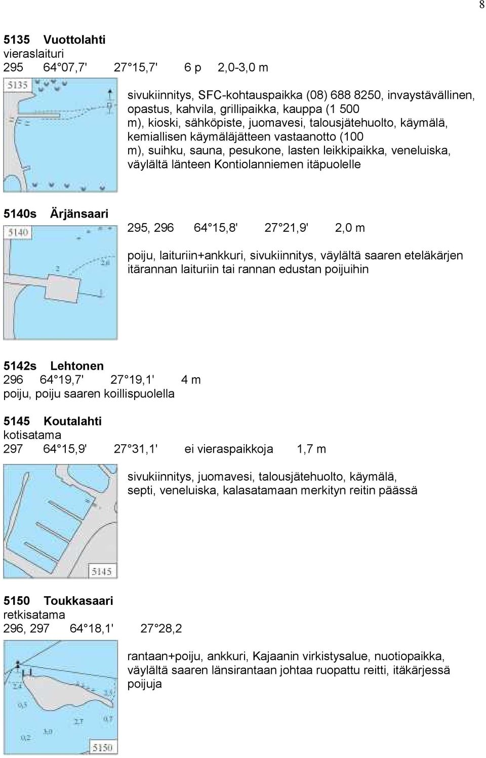 Ärjänsaari 295, 296 64 15,8' 27 21,9' 2,0 m poiju, laituriin+ankkuri, sivukiinnitys, väylältä saaren eteläkärjen itärannan laituriin tai rannan edustan poijuihin 5142s Lehtonen 296 64 19,7' 27 19,1'