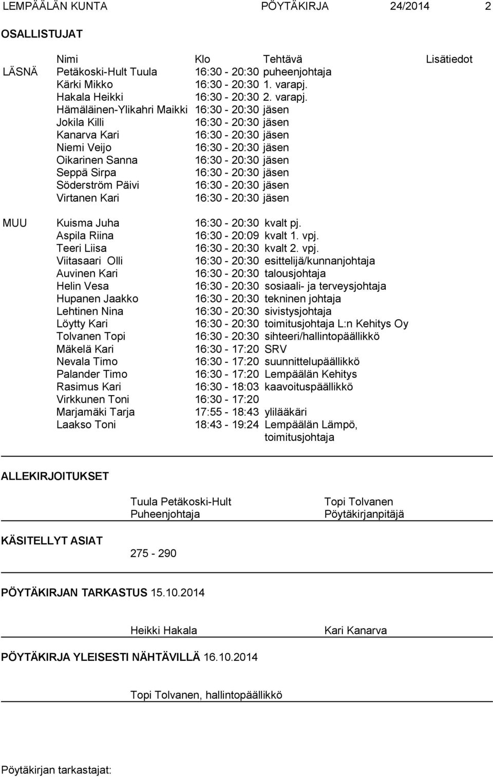 Hämäläinen Ylikahri Maikki 16:30 20:30 jäsen Jokila Killi 16:30 20:30 jäsen Kanarva Kari 16:30 20:30 jäsen Niemi Veijo 16:30 20:30 jäsen Oikarinen Sanna 16:30 20:30 jäsen Seppä Sirpa 16:30 20:30