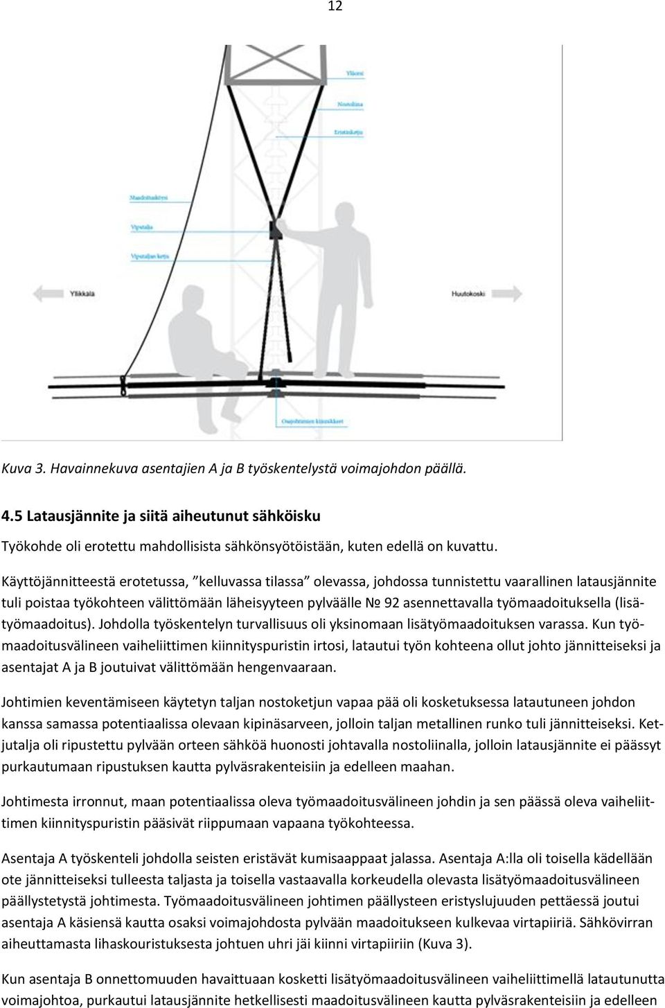 Käyttöjännitteestä erotetussa, kelluvassa tilassa olevassa, johdossa tunnistettu vaarallinen latausjännite tuli poistaa työkohteen välittömään läheisyyteen pylväälle 92 asennettavalla