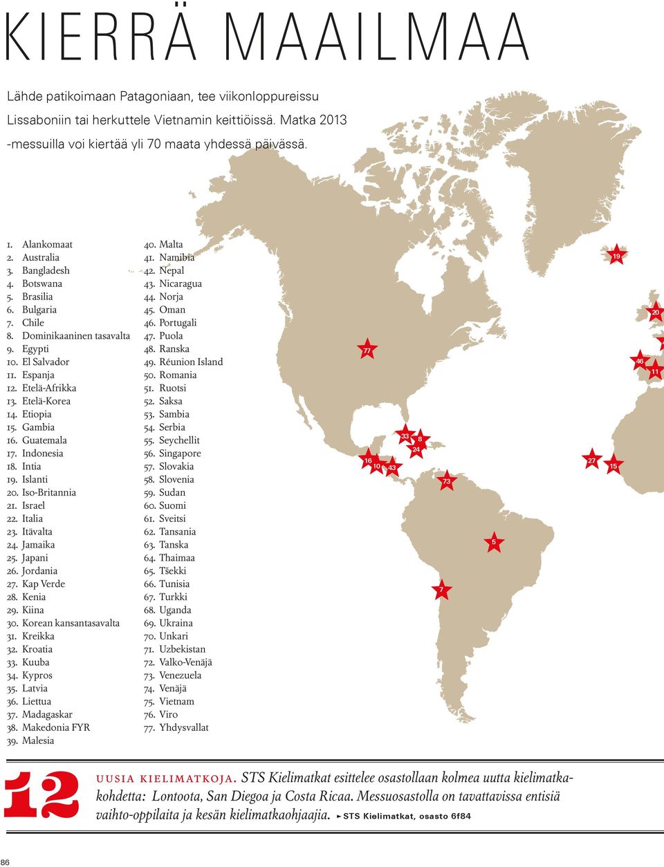 Guatemala 17. Indonesia 18. Intia 19. Islanti 20. Iso-Britannia 21. Israel 22. Italia 23. Itävalta 24. Jamaika 25. Japani 26. Jordania 27. Kap Verde 28. Kenia 29. Kiina 30. Korean kansantasavalta 31.