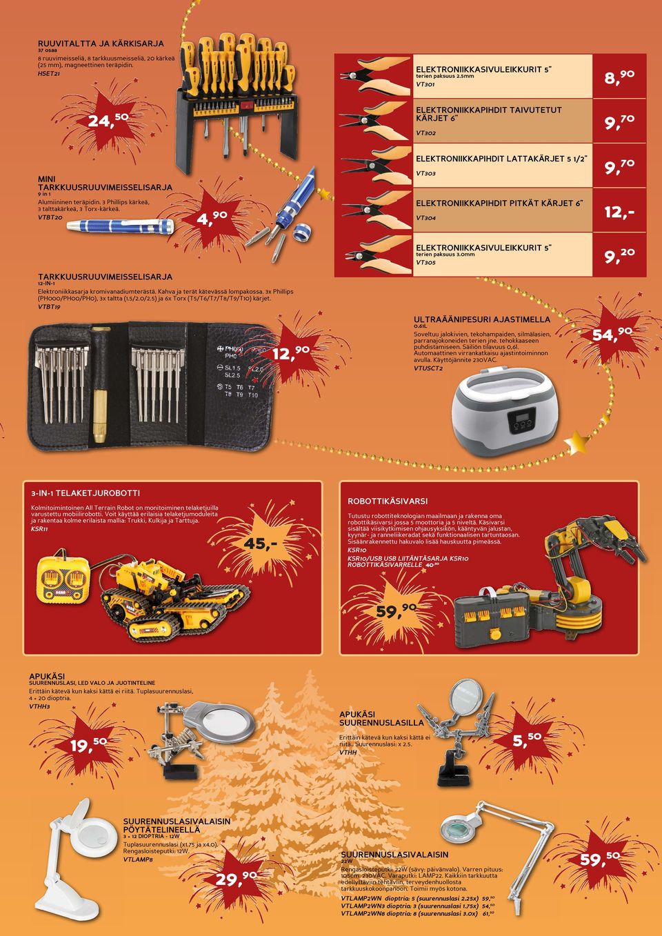 3 Phillips kärkeä, 3 talttakärkeä, 3 Torx-kärkeä. VTBT20 ELEKTRONIIKKAPIHDIT PITKÄT KÄRJET 6'' 4,90 VT304 ELEKTRONIIKKASIVULEIKKURIT 5'' terien paksuus 3.