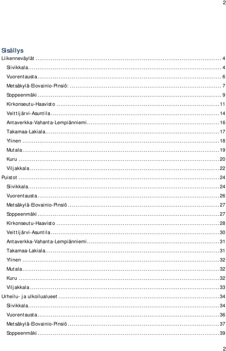 .. 26 Metsäkylä-Elovainio-Pinsiö... 27 Soppeenmäki... 27 Kirkonseutu-Haavisto... 28 Veittijärvi-Asuntila... 30 Antaverkka-Vahanta-Lempiänniemi... 31 Takamaa-Lakiala.