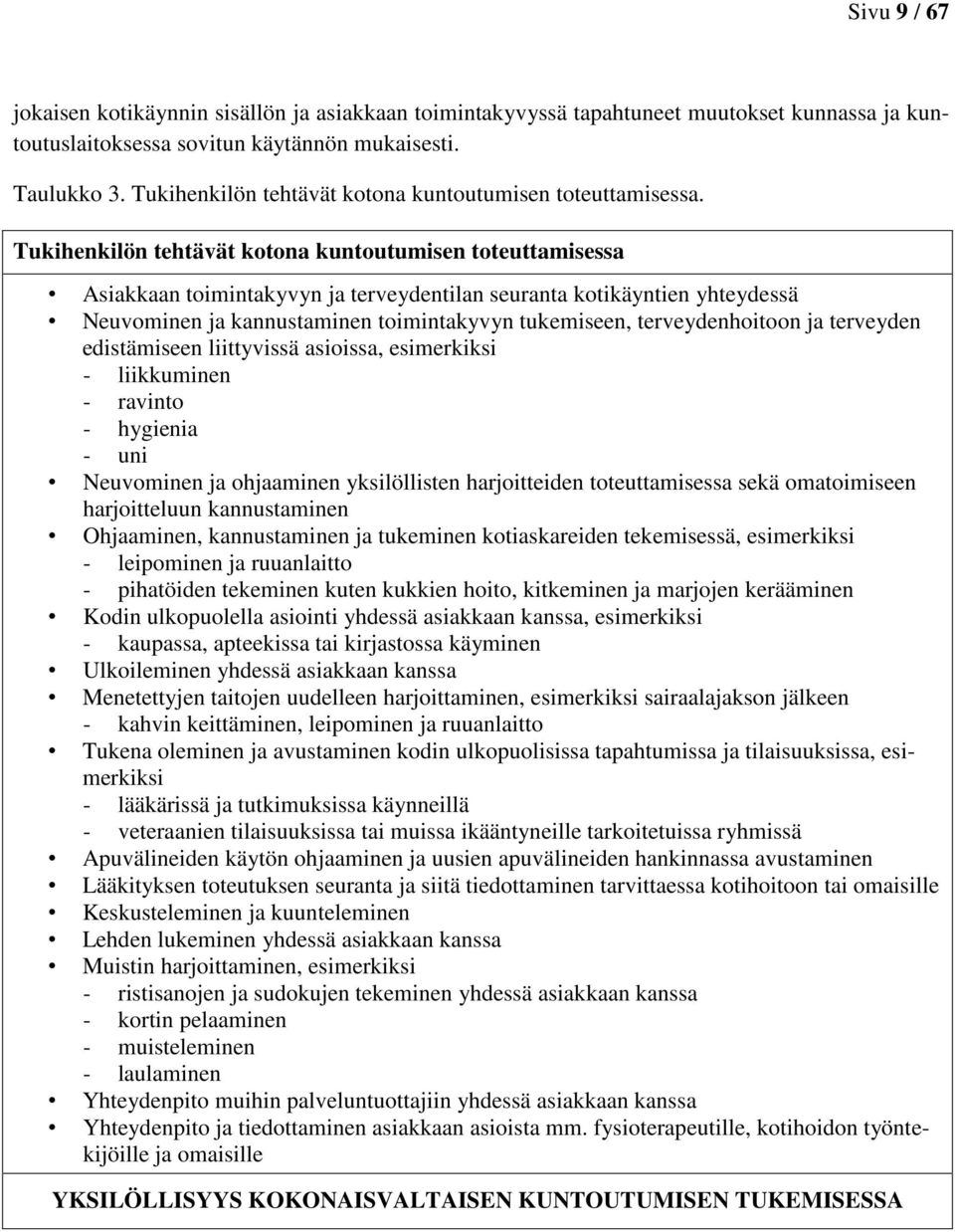 Tukihenkilön tehtävät kotona kuntoutumisen toteuttamisessa Asiakkaan toimintakyvyn ja terveydentilan seuranta kotikäyntien yhteydessä Neuvominen ja kannustaminen toimintakyvyn tukemiseen,