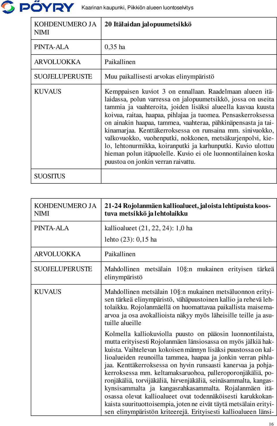 Pensaskerroksessa on ainakin haapaa, tammea, vaahteraa, pähkinäpensasta ja taikinamarjaa. Kenttäkerroksessa on runsaina mm.