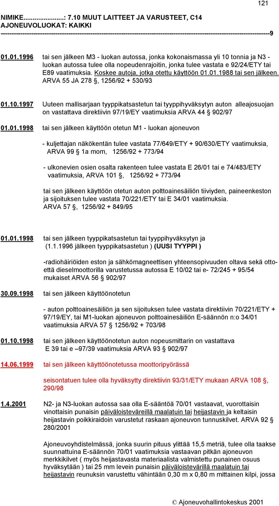 Koskee autoja, jotka otettu käyttöön 01.01.1988 tai sen jälkeen. ARVA 55 JA 278, 1256/92 + 530/93 01.10.