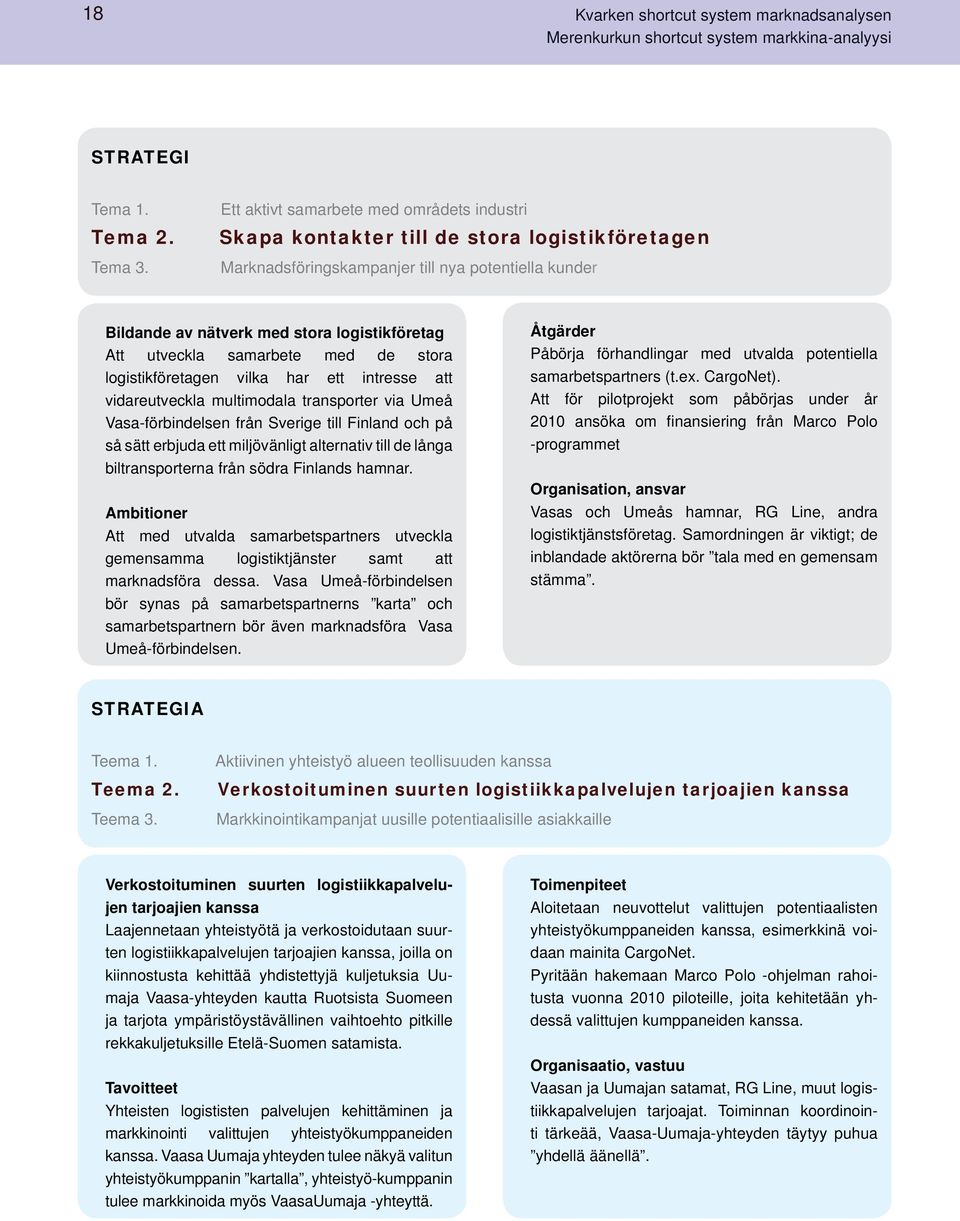 utveckla samarbete med de stora logistikföretagen vilka har ett intresse att vidareutveckla multimodala transporter via Umeå Vasa-förbindelsen från Sverige till Finland och på så sätt erbjuda ett