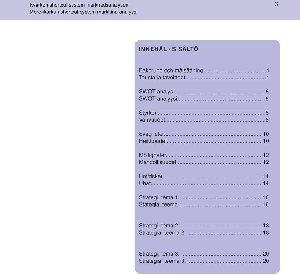 ..10 Heikkoudet...10 Möjligheter...12 Mahdollisuudet...12 Hot/risker...14 Uhat...14 Strategi, tema 1.