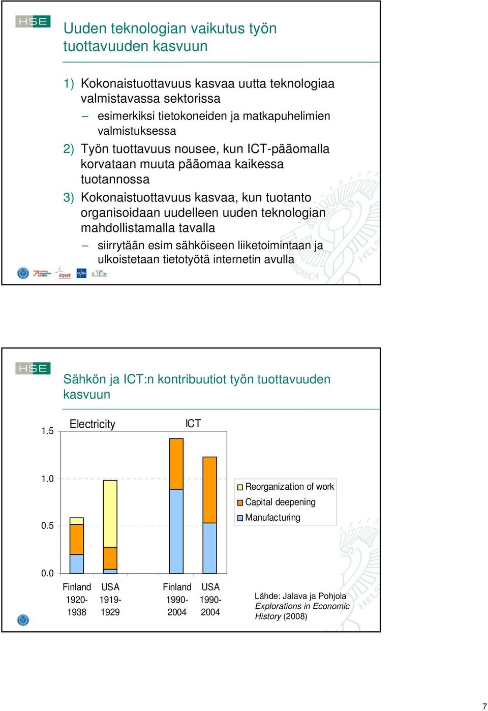 mahdollistamalla tavalla siirrytään esim sähköiseen liiketoimintaan ja ulkoistetaan tietotyötä internetin avulla Sähkön ja ICT:n kontribuutiot työn tuottavuuden kasvuun 1.