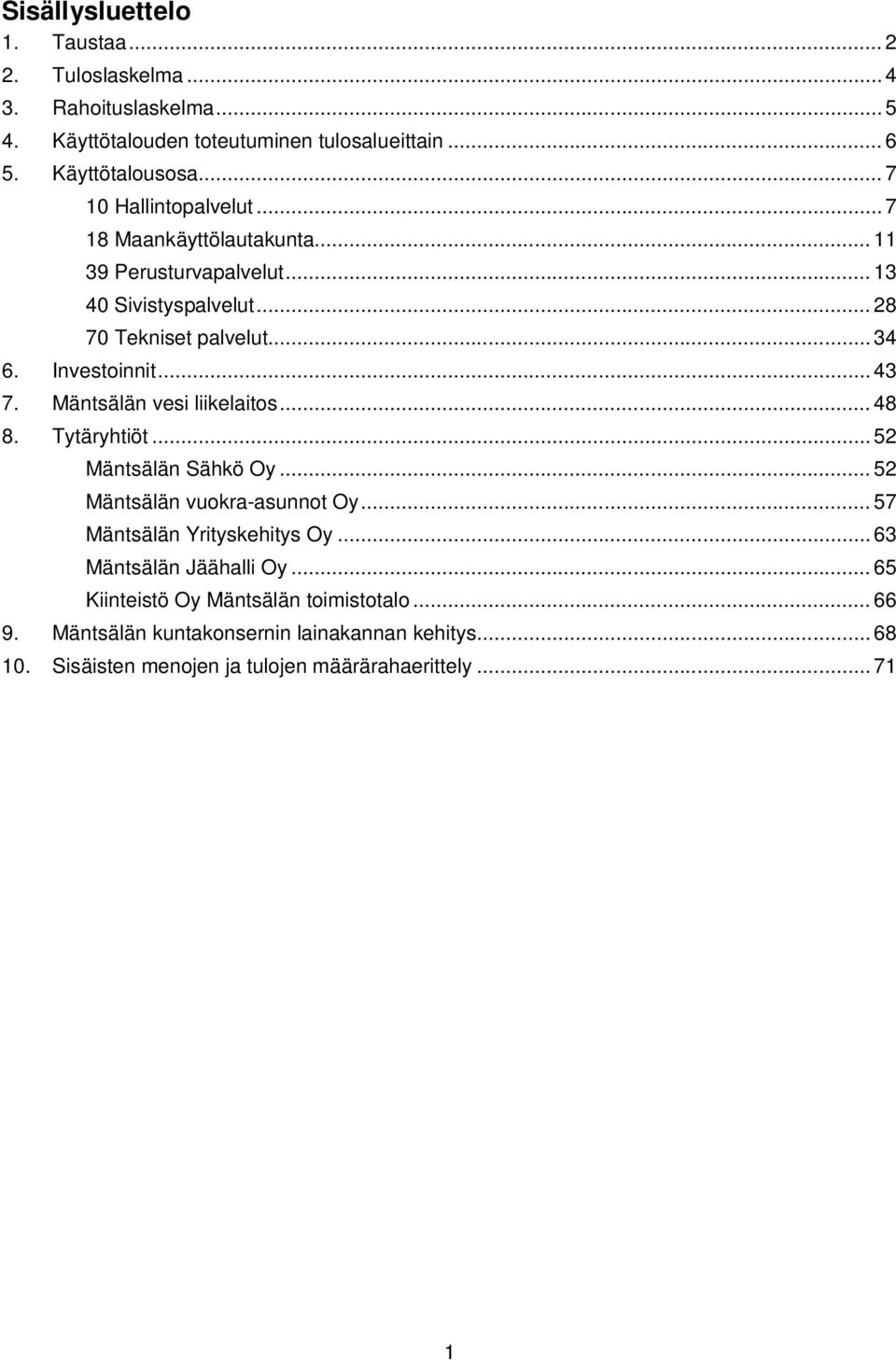 .. 43 7. Mäntsälän vesi liikelaitos... 48 8. Tytäryhtiöt... 52 Mäntsälän Sähkö Oy... 52 Mäntsälän vuokra-asunnot Oy... 57 Mäntsälän Yrityskehitys Oy.