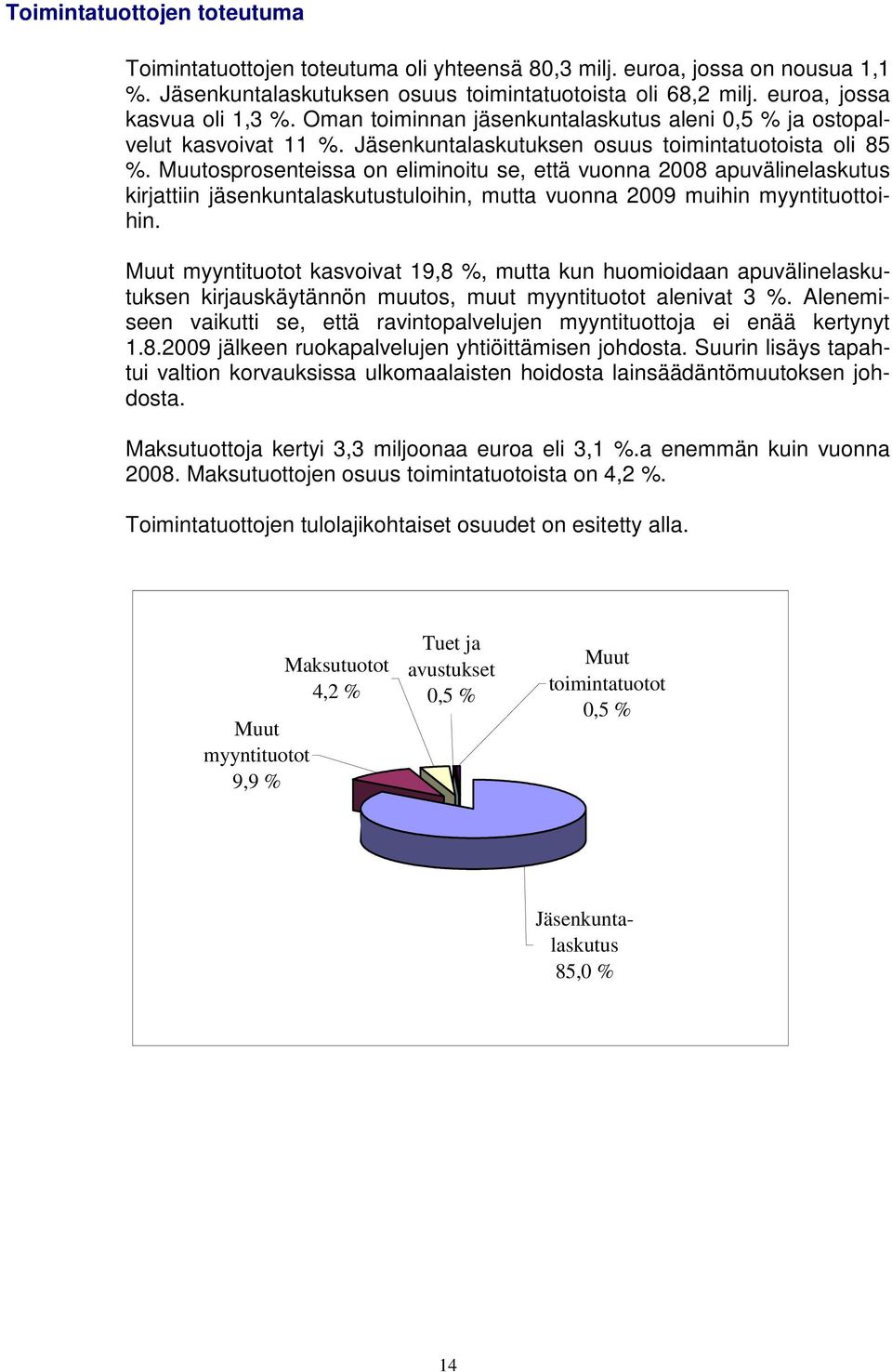 Muutosprosenteissa on eliminoitu se, että vuonna 2008 apuvälinelaskutus kirjattiin jäsenkuntalaskutustuloihin, mutta vuonna 2009 muihin myyntituottoihin.