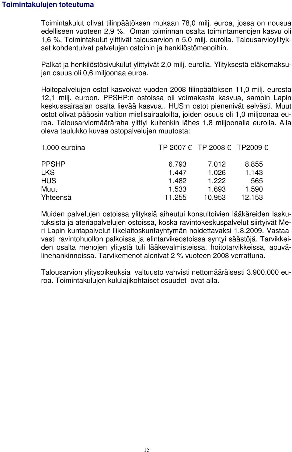 Hoitopalvelujen ostot kasvoivat vuoden 2008 tilinpäätöksen 11,0 milj. eurosta 12,1 milj. euroon. PPSHP:n ostoissa oli voimakasta kasvua, samoin Lapin keskussairaalan osalta lievää kasvua.