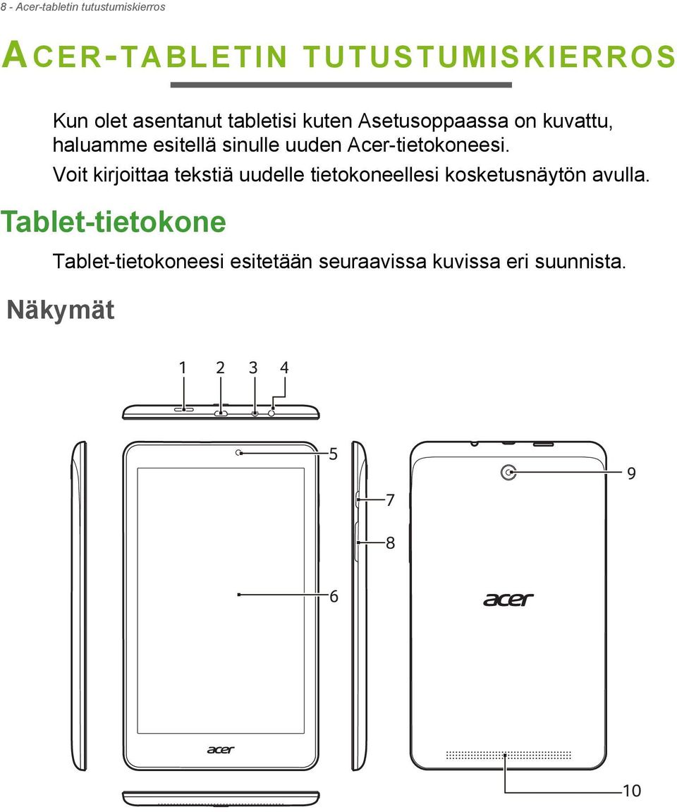 Acer-tietokoneesi. Voit kirjoittaa tekstiä uudelle tietokoneellesi kosketusnäytön avulla.