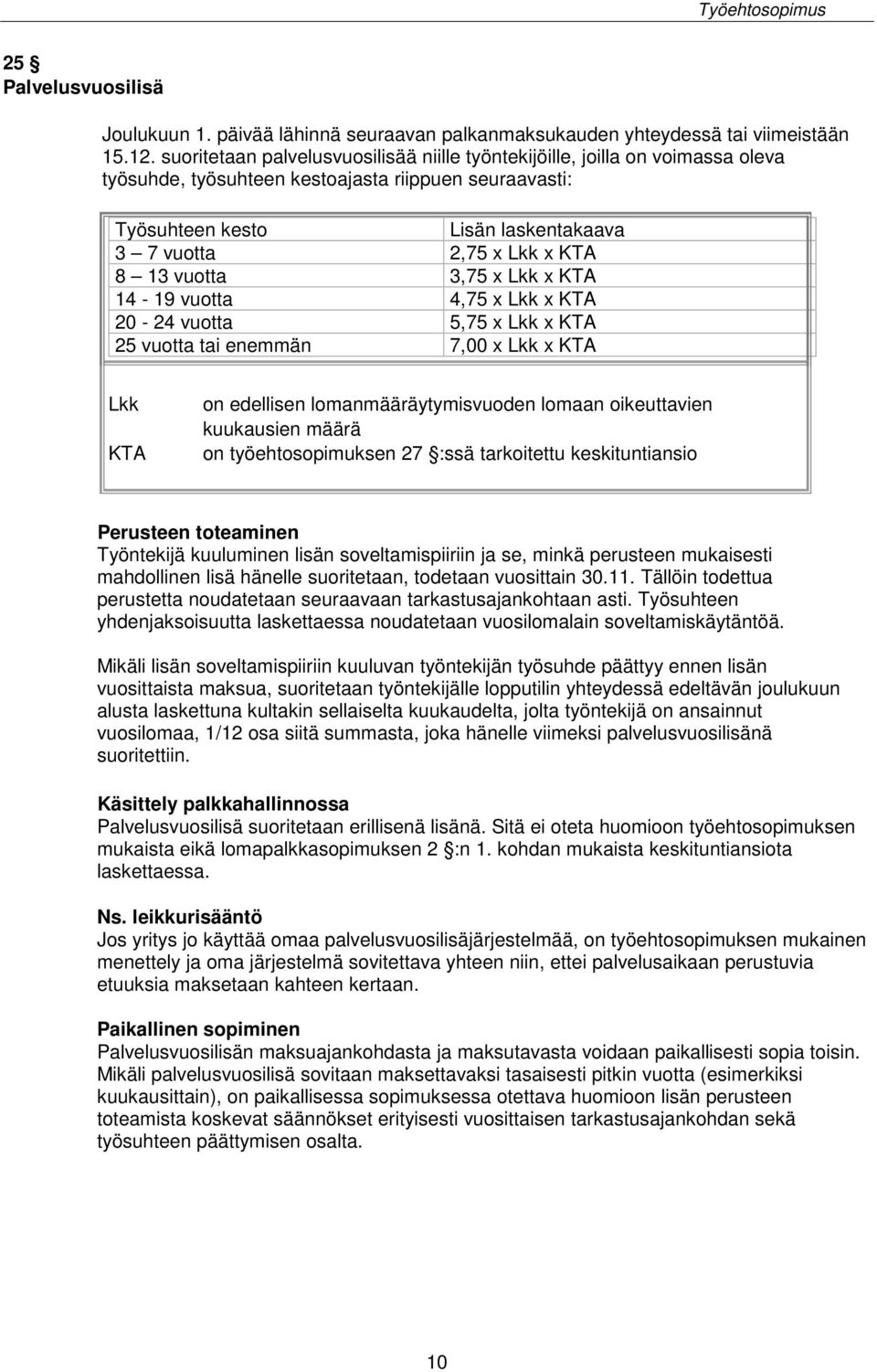 8 13 vuotta 3,75 x Lkk x KTA 14-19 vuotta 4,75 x Lkk x KTA 20-24 vuotta 5,75 x Lkk x KTA 25 vuotta tai enemmän 7,00 x Lkk x KTA Lkk KTA on edellisen lomanmääräytymisvuoden lomaan oikeuttavien