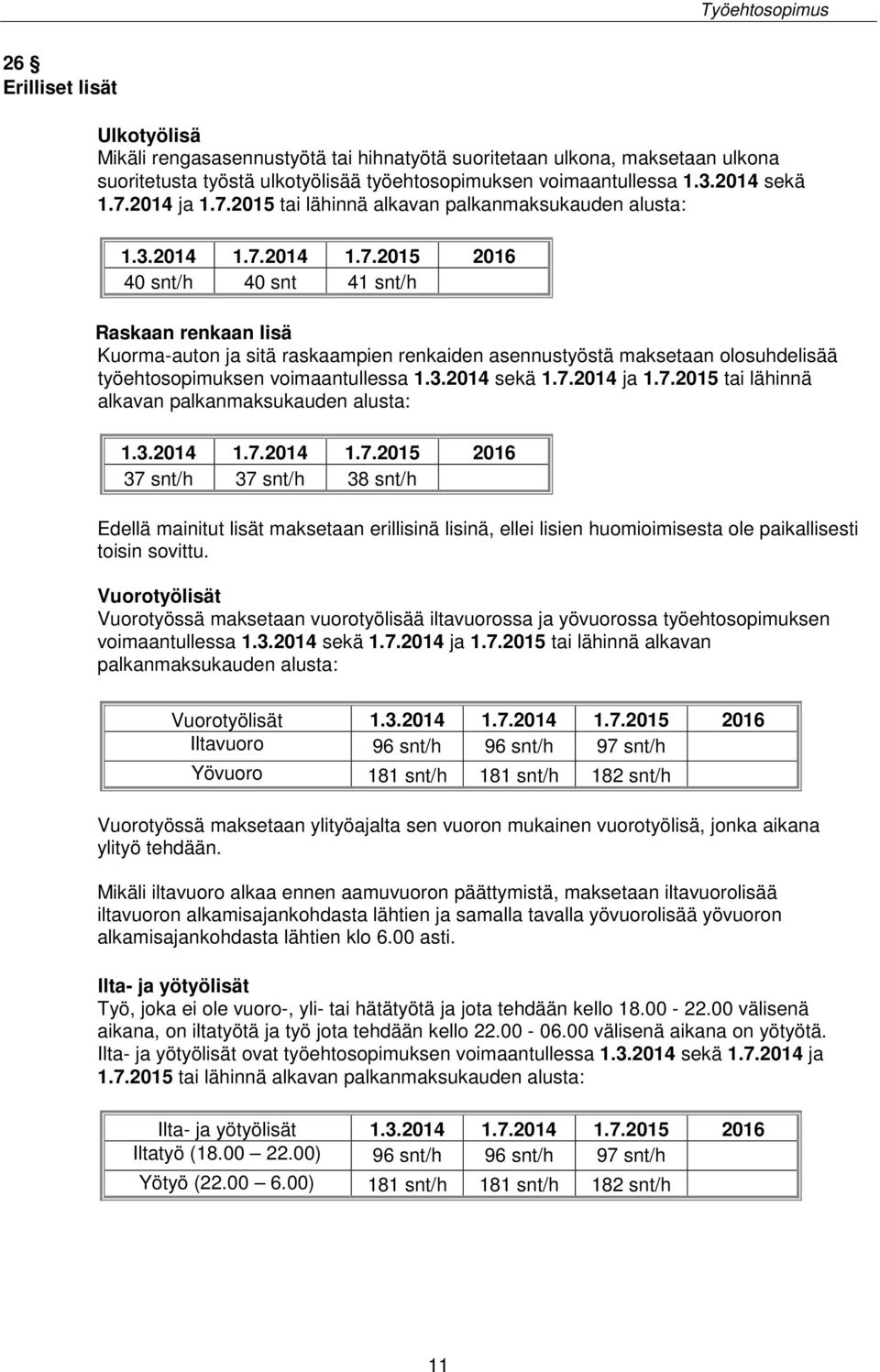 3.2014 sekä 1.7.2014 ja 1.7.2015 tai lähinnä alkavan palkanmaksukauden alusta: 1.3.2014 1.7.2014 1.7.2015 2016 37 snt/h 37 snt/h 38 snt/h Edellä mainitut lisät maksetaan erillisinä lisinä, ellei lisien huomioimisesta ole paikallisesti toisin sovittu.