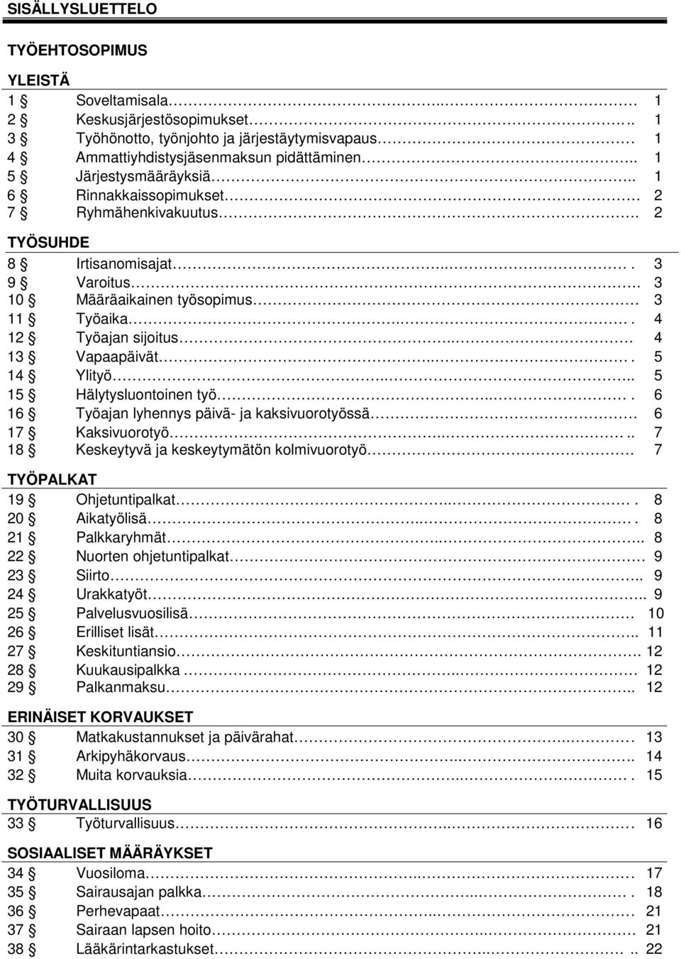 . 4 13 Vapaapäivät... 5 14 Ylityö.... 5 15 Hälytysluontoinen työ... 6 16 Työajan lyhennys päivä- ja kaksivuorotyössä 6 17 Kaksivuorotyö.