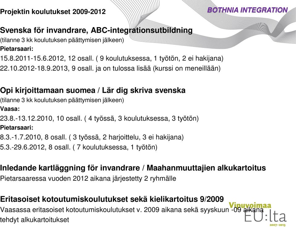 ( 4 työssä, 3 koulutuksessa, 3 työtön) Pietarsaari: 8.3.-1.7.2010, 8 osall. ( 3 työssä, 2 harjoittelu, 3 ei hakijana) 5.3.-29.6.2012, 8 osall.