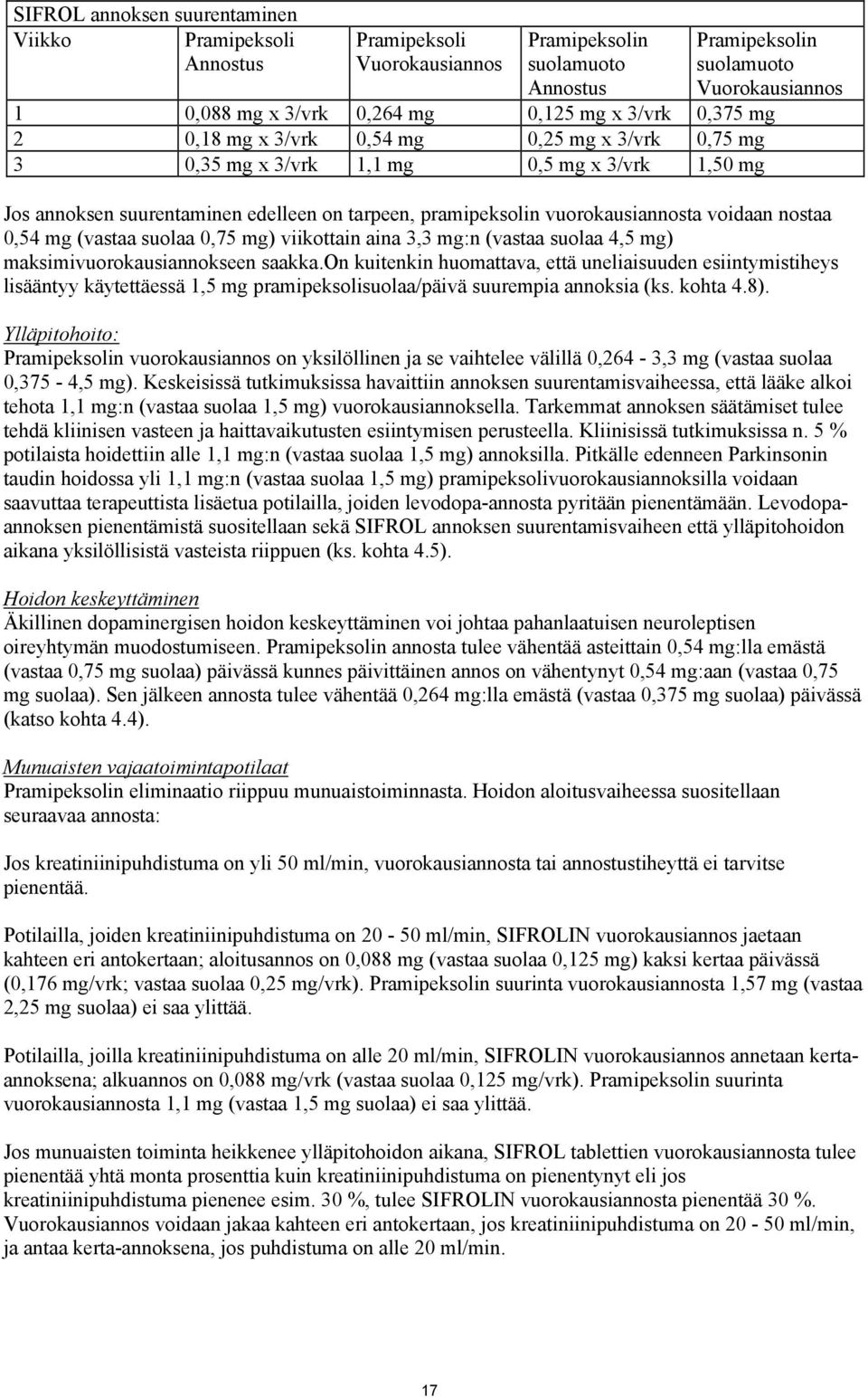 voidaan nostaa 0,54 mg (vastaa suolaa 0,75 mg) viikottain aina 3,3 mg:n (vastaa suolaa 4,5 mg) maksimivuorokausiannokseen saakka.