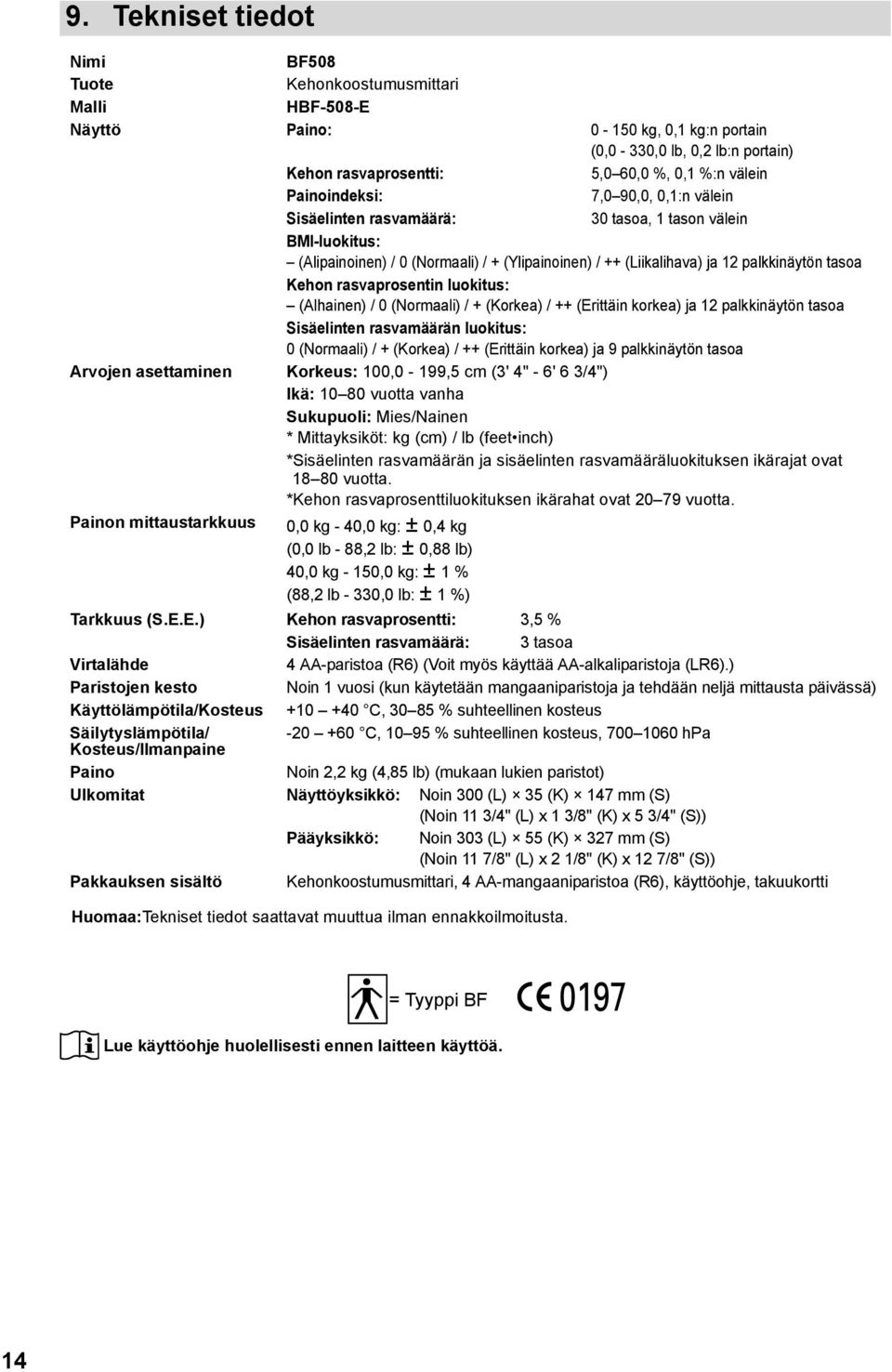 rasvaprosentin luokitus: (Alhainen) / 0 (Normaali) / + (Korkea) / ++ (Erittäin korkea) ja 12 palkkinäytön tasoa Sisäelinten rasvamäärän luokitus: 0 (Normaali) / + (Korkea) / ++ (Erittäin korkea) ja 9