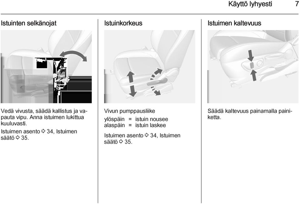 Istuimen asento 3 34, Istuimen säätö 3 35.