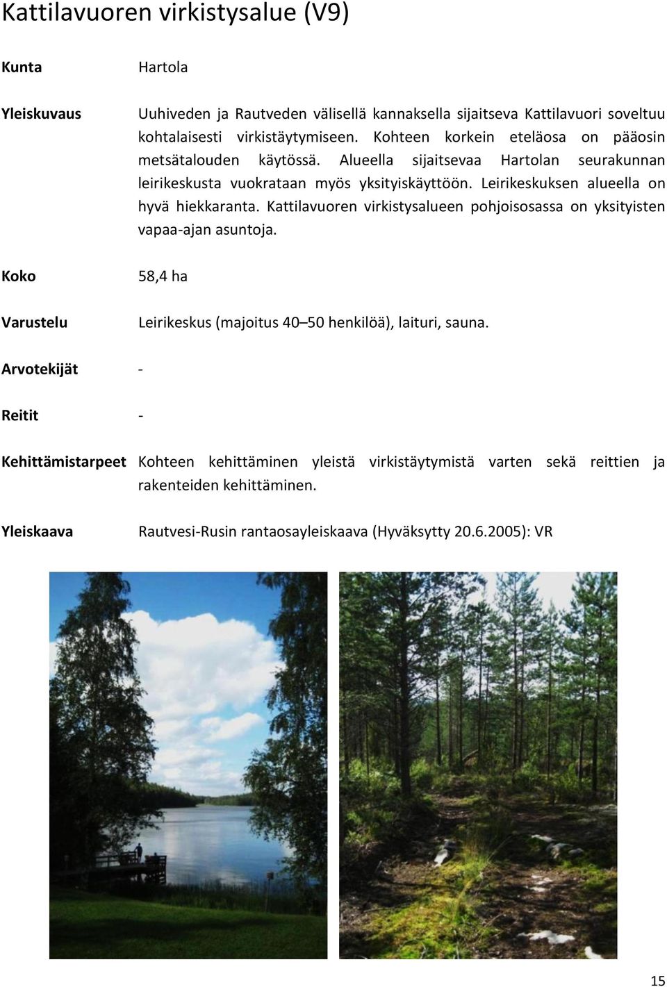 Leirikeskuksen alueella on hyvä hiekkaranta. Kattilavuoren en pohjoisosassa on yksityisten vapaa-ajan asuntoja.