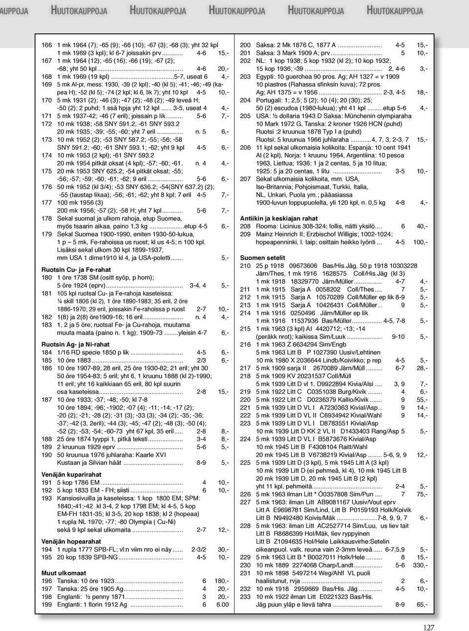 ..5-7, useat 6 4,- 169 5 mk Al-pr, mess: 1930, -39 (2 kpl); -40 (kl 5); -41; -46; -49 (kapea H); -52 (kl 5); -74 (2 kpl; kl 6, lik 7); yht 10 kpl 4-5 10,- 170 5 mk 1931 (2); -46 (3); -47 (2); -48