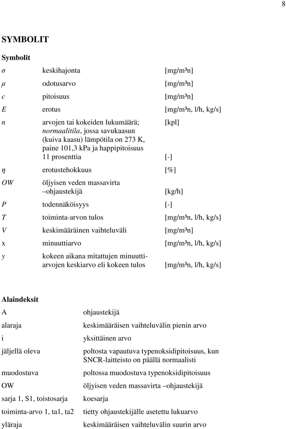 [mg/m³n, l/h, kg/s] V keskimääräinen vaihteluväli [mg/m³n] x minuuttiarvo [mg/m³n, l/h, kg/s] y kokeen aikana mitattujen minuuttiarvojen keskiarvo eli kokeen tulos [mg/m³n, l/h, kg/s] Alaindeksit A