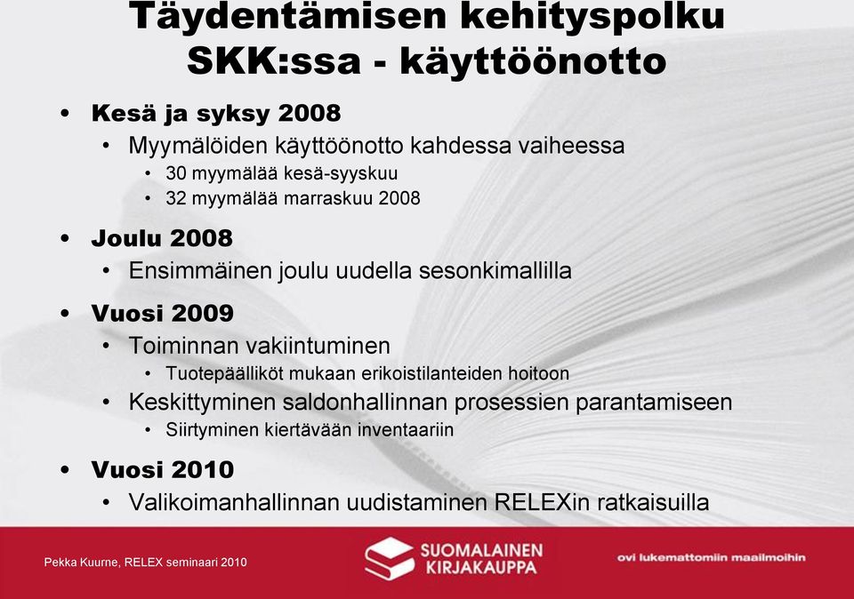 2009 Toiminnan vakiintuminen Tuotepäälliköt mukaan erikoistilanteiden hoitoon Keskittyminen saldonhallinnan