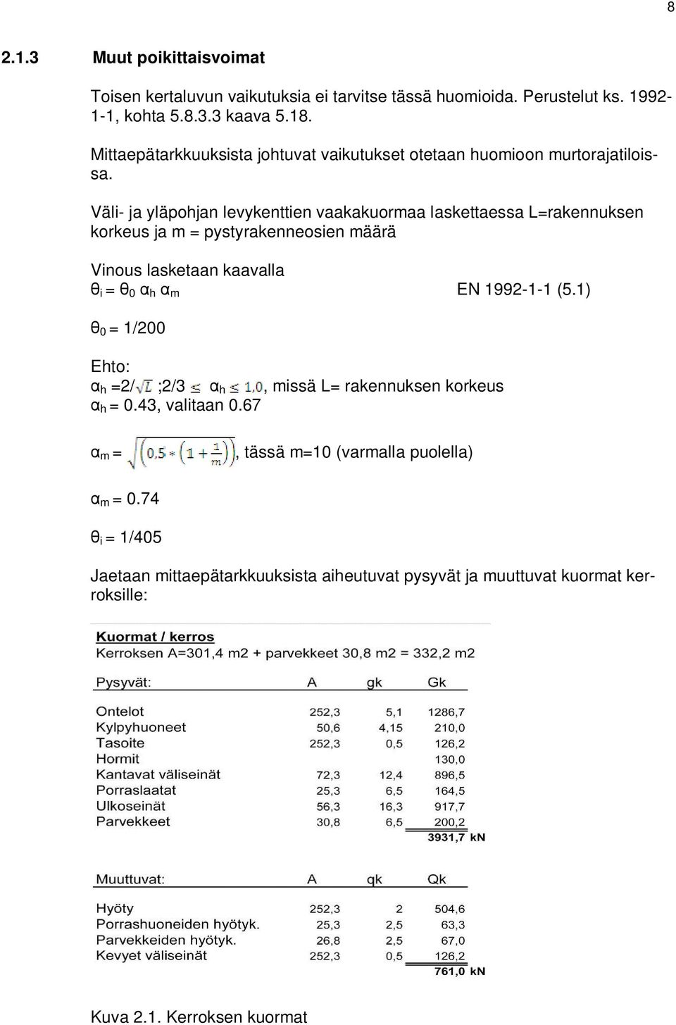 Väli- ja yläpohjan levykenttien vaakakuormaa laskettaessa L=rakennuksen korkeus ja m = pystyrakenneosien määrä Vinous lasketaan kaavalla i = 0 h m EN