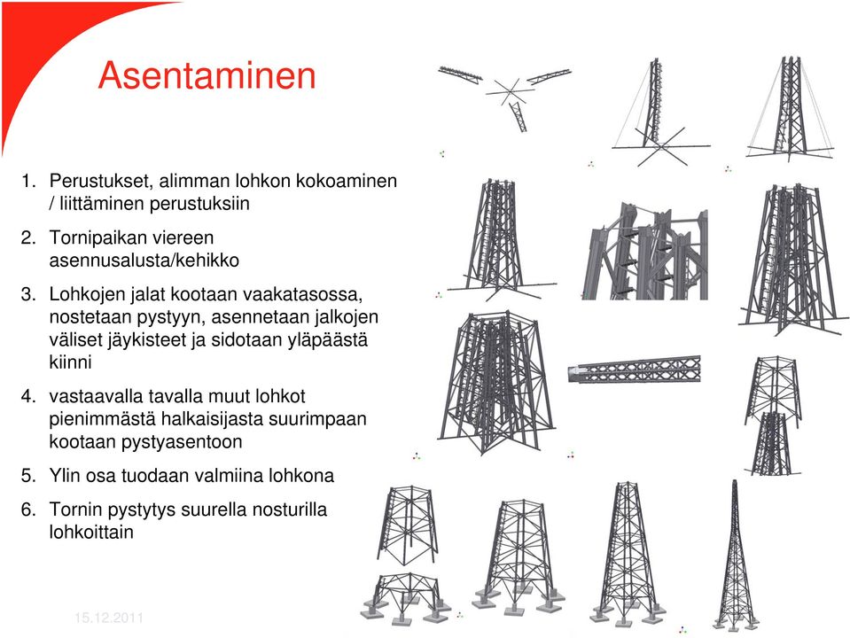 Lohkojen jalat kootaan vaakatasossa, nostetaan pystyyn, asennetaan jalkojen väliset jäykisteet ja sidotaan