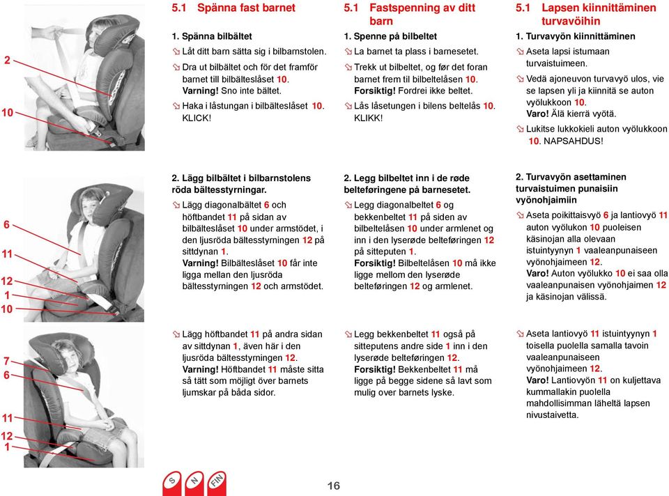 Trekk ut bilbeltet, og før det foran barnet frem til bilbeltelåsen 10. Forsiktig! Fordrei ikke beltet. Lås låsetungen i bilens beltelås 10. KLIKK! 5.1 Lapsen kiinnittäminen turvavöihin 1.