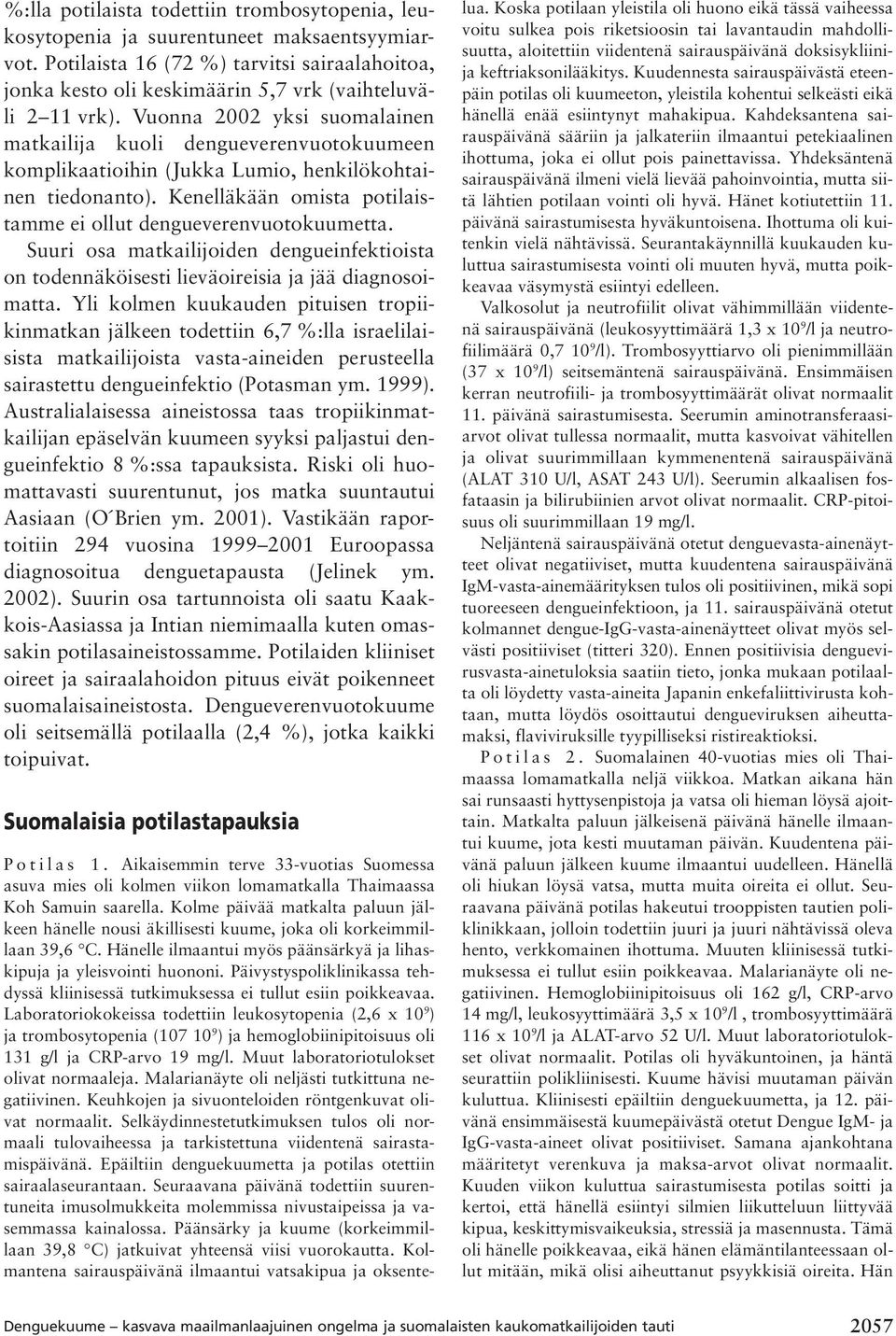 Vuonna 2002 yksi suomalainen matkailija kuoli dengueverenvuotokuumeen komplikaatioihin (Jukka Lumio, henkilökohtainen tiedonanto). Kenelläkään omista potilaistamme ei ollut dengueverenvuotokuumetta.