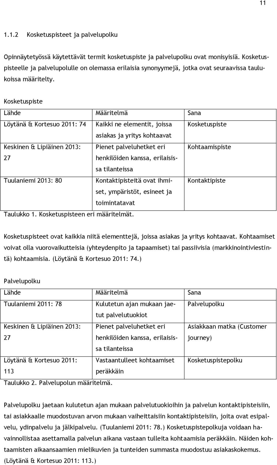 Kosketuspiste Lähde Määritelmä Sana Löytänä & Kortesuo 2011: 74 Kaikki ne elementit, joissa Kosketuspiste asiakas ja yritys kohtaavat Keskinen & Lipiäinen 2013: Pienet palveluhetket eri