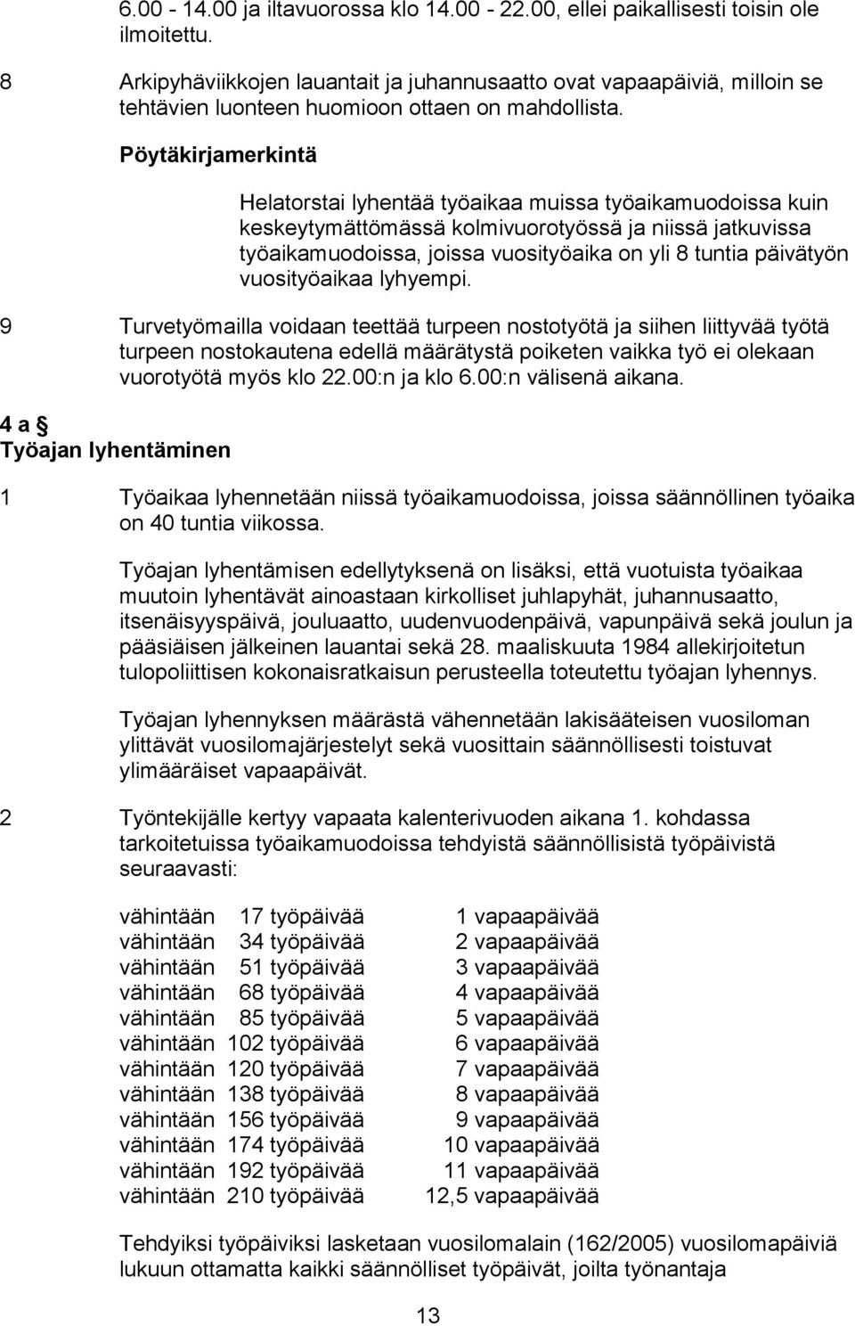 Pöytäkirjamerkintä Helatorstai lyhentää työaikaa muissa työaikamuodoissa kuin keskeytymättömässä kolmivuorotyössä ja niissä jatkuvissa työaikamuodoissa, joissa vuosityöaika on yli 8 tuntia päivätyön