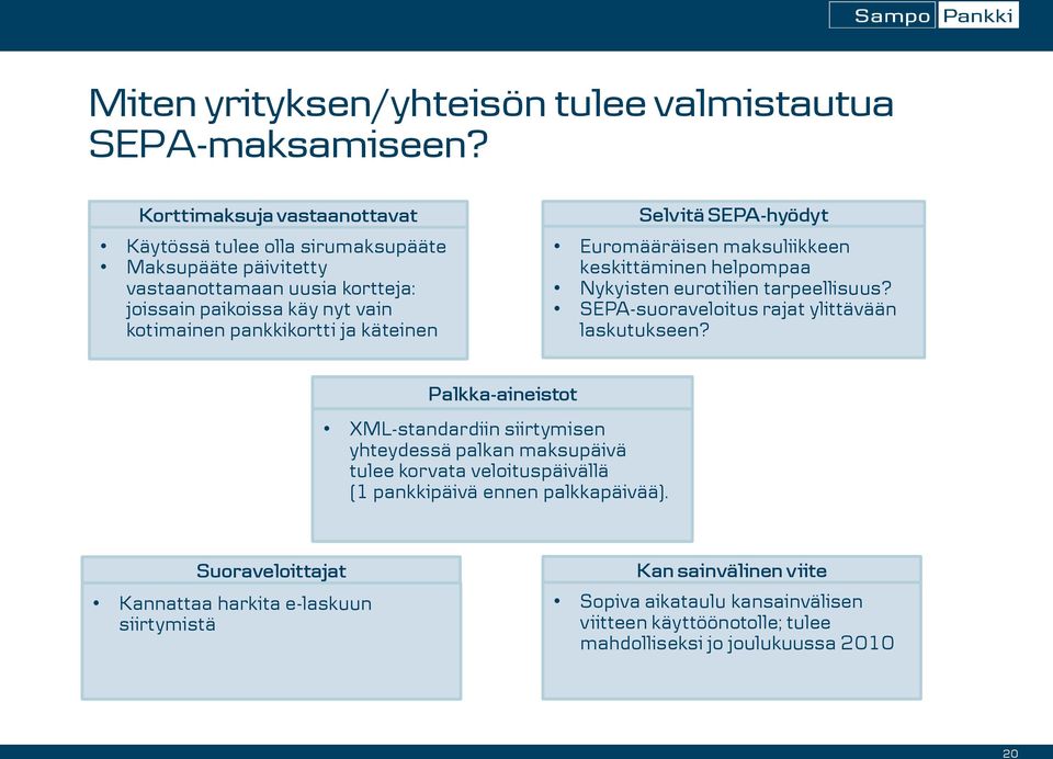 käteinen Selvitä SEPA-hyödyt Euromääräisen maksuliikkeen keskittäminen helpompaa Nykyisten eurotilien tarpeellisuus? SEPA-suoraveloitus rajat ylittävään laskutukseen?