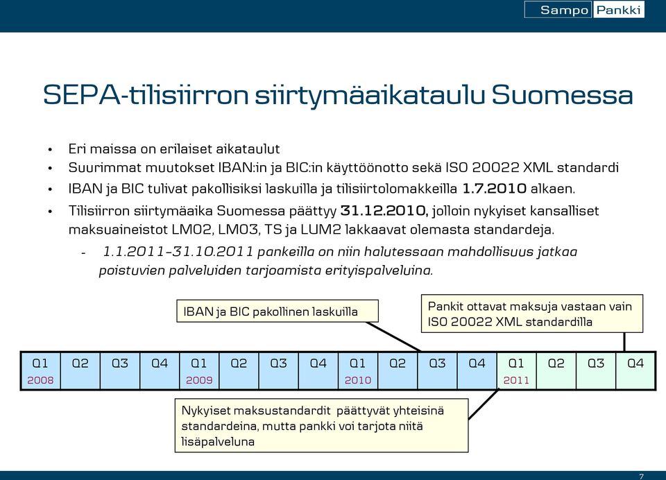 2010, jolloin nykyiset kansalliset maksuaineistot LM02, LM03, TS ja LUM2 lakkaavat olemasta standardeja. - 1.1.2011 31.10.2011 pankeilla on niin halutessaan mahdollisuus jatkaa poistuvien palveluiden tarjoamista erityispalveluina.