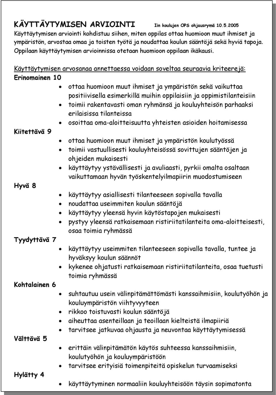 Oppilaan käyttäytymisen arvioinnissa otetaan huomioon oppilaan ikäkausi.