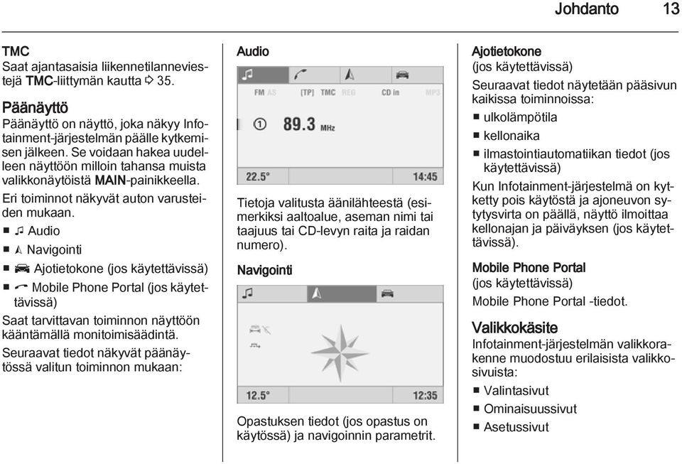 t Audio K Navigointi J Ajotietokone (jos käytettävissä) I Mobile Phone Portal (jos käytettävissä) Saat tarvittavan toiminnon näyttöön kääntämällä monitoimisäädintä.